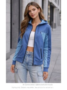 Blue Techwear Zip Hoodie Jacket Y2K Streetwear Oversized Women M